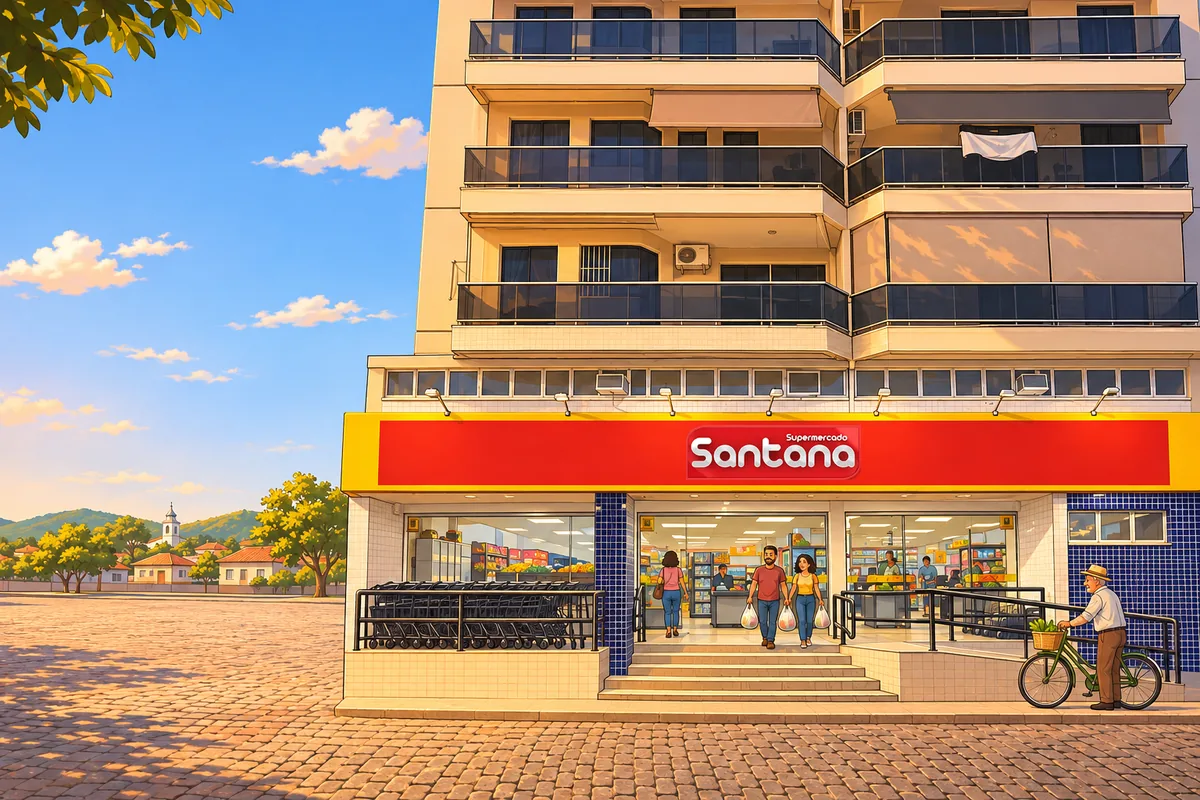 Ilustração da fachada do Supermercado Santana, na Avenida Presidente Carlos Luz, em Pirapetinga.