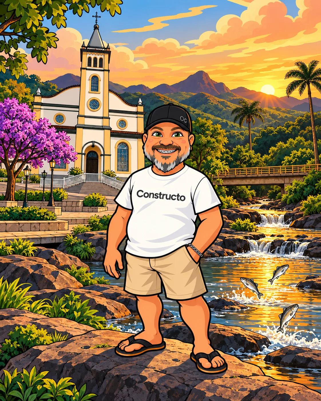 Ilustração: Marcos Alexandre Ferreira em desenho, de camiseta escrita Constructo, sobre as pedras do Rio Pirapetinga, com a Matriz de Sant'Anna, um ipê roxo, a ponte e a serra da Pedra Bonita ao pôr do sol