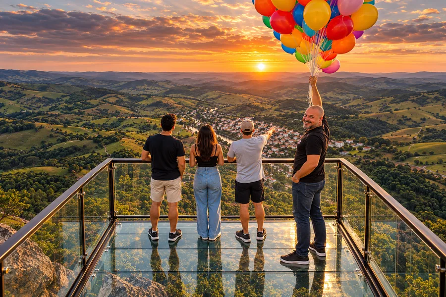 O sonho: Marcos pousa no mirante com os balões, ao lado de três pessoas que olham o vale