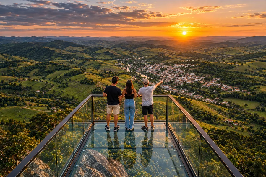 O sonho: três pessoas no mirante de vidro olhando o vale e a cidade ao pôr do sol