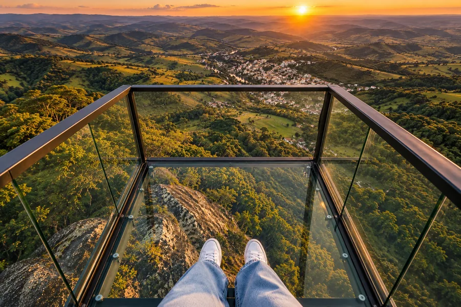 O sonho: os pés de uma moça sobre o piso de vidro, com o vale lá embaixo