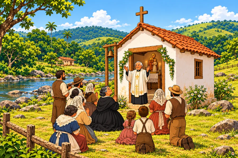 Interpretação: a primeira missa na capelinha, com o povo em volta