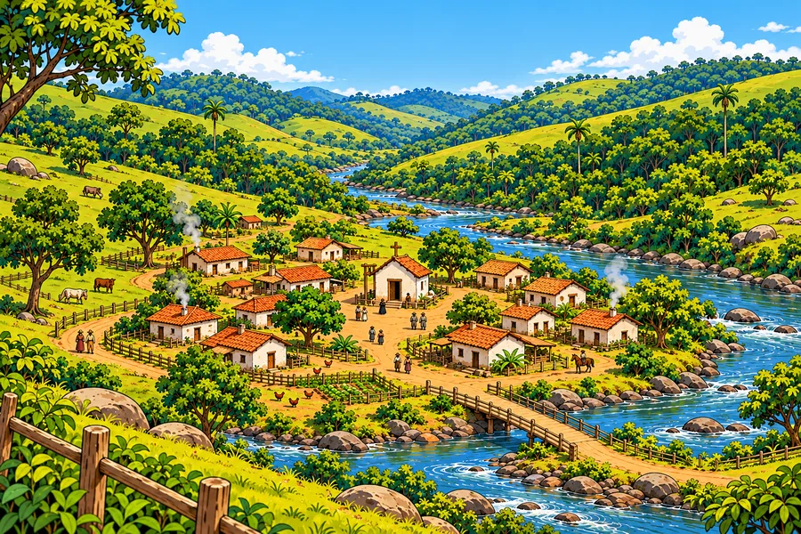 Interpretação: as primeiras casas em volta da capela, vistas do alto