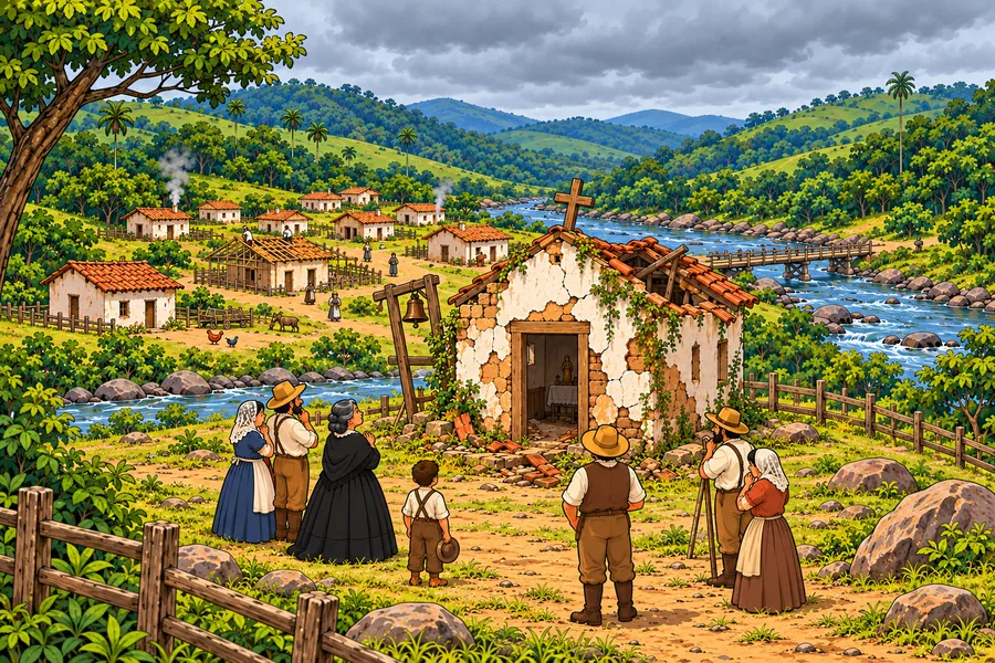Interpretação: a primeira capela em ruínas, com o povo em volta